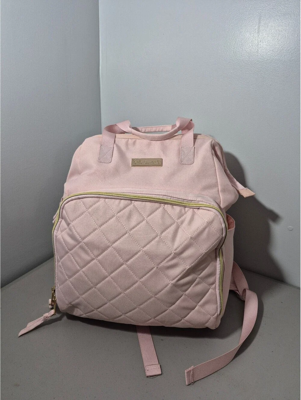 Baby Essentials Pink Diaper Bag Backpack Insulated Bottle Pockets Gold Tone